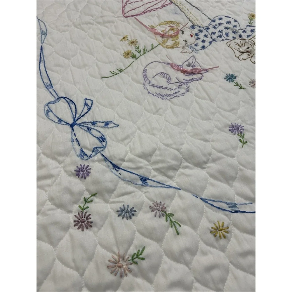 Vintage '73 Hand Stitched Embroidery Baby Quilt Mushroom Kitty Puppy Bows 58x40